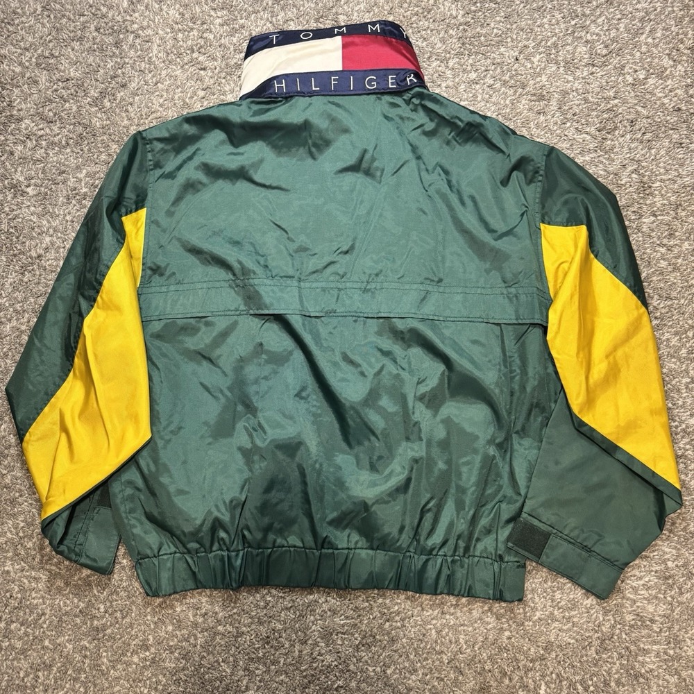 🔴 Vintage Tommy Hilfiger Jacket Size Large Green Yellow  Spell Out Rare Vtg 90'